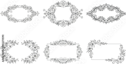 Set of six elegant floral frames with intricate details isolated on transparent background for wedding invitations
