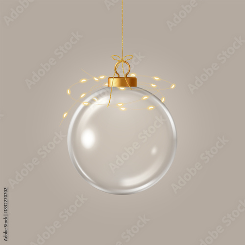 Christmas Transparent Glass Ornament hanging on a golden thread. Realistic 3D Vector illustration