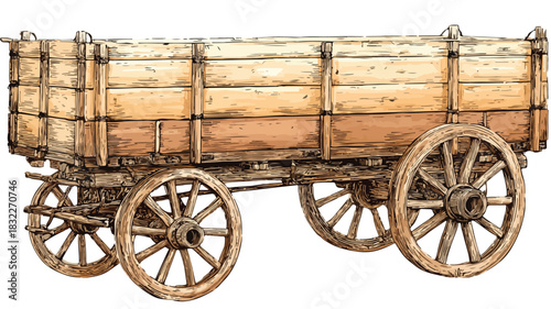 Antique Wooden Wagon with White Wheels - Vintage Transportation Concept