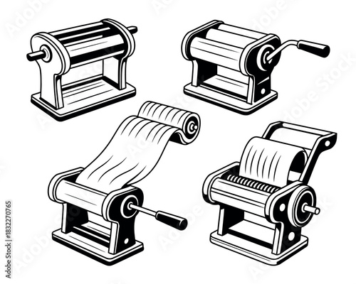 Collection of vintage pasta makers in different stages of dough processing, rendered in a classic black and white illustration style.