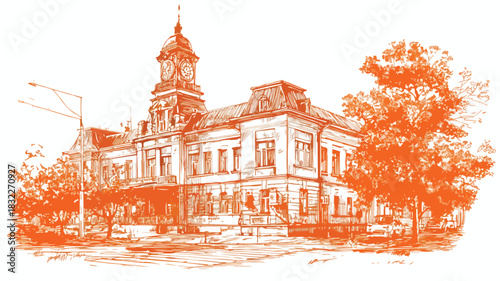 Detailed Drawing of Grand Building with Clock Tower in Orange and White