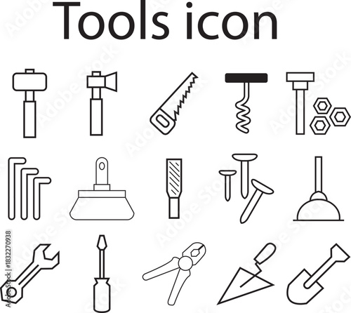 tools icon set linear vector icon design. ax, hammer, hand saw, screw, nails etc line art icon design