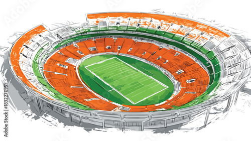 Vibrant Orange Stadium on Green and White Background Vector Illustration