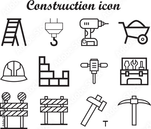 construction icons set line art vector design. vector art of ladder, hammer, safety helmet, drill etc