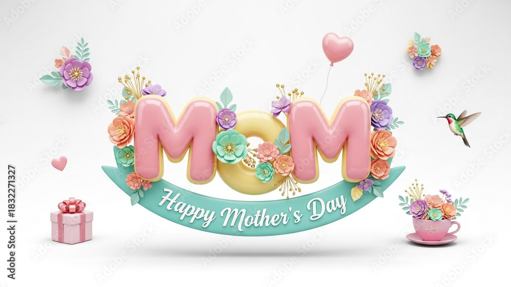 Obraz premium Happy mother's day card template with mom text and floral decorations design
