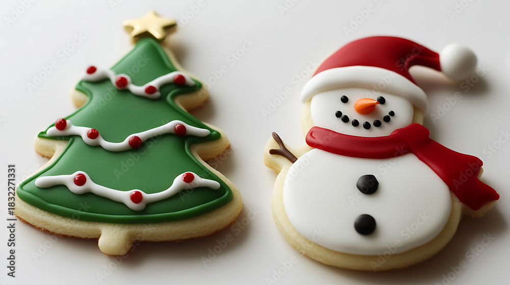 Fototapeta premium Festive holiday spirit abounds with charming Christmas tree and cheerful snowman cookies. Delicious treats that bring joy and sweetness to the holiday season.