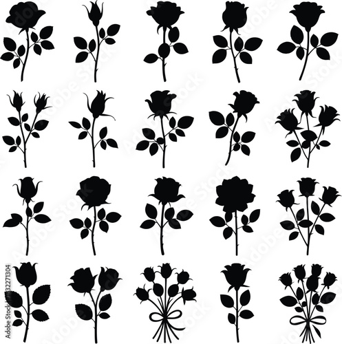 Rose Flower and Floral Bouquet Silhouette Set