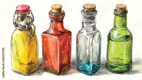 Vibrant Four Bottles of Various Colors Including Red Tone - Stock Photo