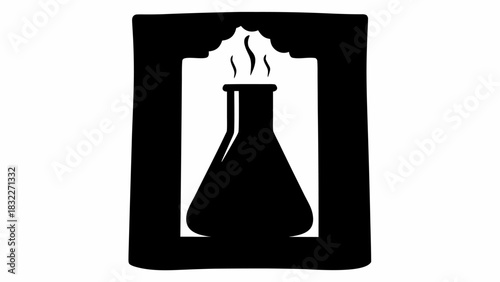 Silhouette of a smoking erlenmeyer flask inside a decorative frame with a scalloped top edge design