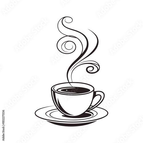 Hand drawn sketch of a steaming cup of coffee on a saucer