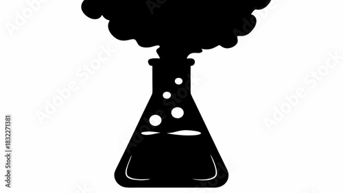 Black silhouette of erlenmeyer flask with liquid, bubbles, and smoke coming out of the top spout