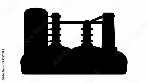 Silhouette of an industrial plant with tanks and towers connected by a beam structure design
