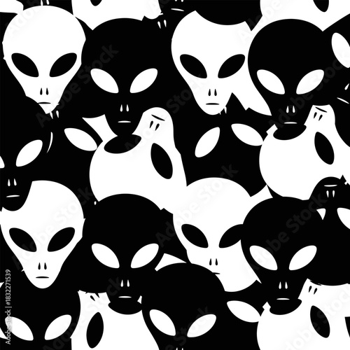 Alien heads black and white seamless pattern extraterrestrial beings sci fi graphic design wallpaper print