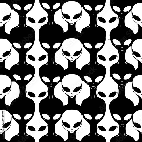 Seamless alien pattern vector design black and white sci fi background extraterrestrial beings wallpaper art