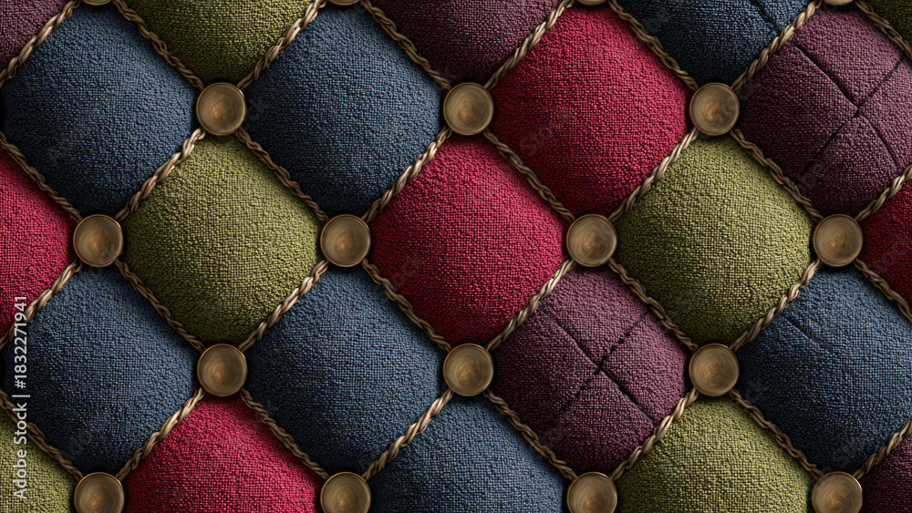 Naklejka premium A rich, colorful quilted upholstery pattern featuring diamond-shaped fabric panels in red, blue, green, and purple. Brass buttons and braided trim create a luxurious, classic tufted texture.