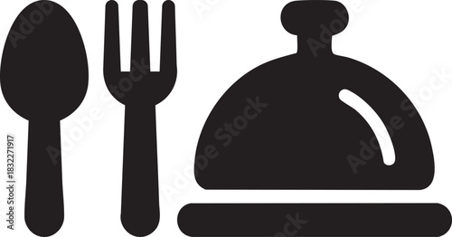 A simple and elegant monochromatic illustration of culinary dining, featuring a spoon, a fork, and a covered dish, perfect for restaurant themes.