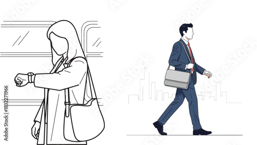 Graphic Design: Commuting Figures, Line Art and Flat Style