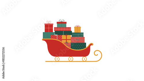 Brightly wrapped christmas presents overflowing from a festive red sleigh on a clean white background