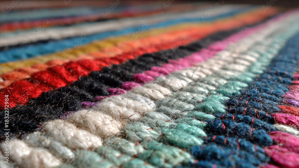 Fototapeta premium A vibrant close-up of a multi-colored braided rug, showcasing its rich, fuzzy texture and diverse yarn colors in a shallow depth of field. Handcrafted textile artistry.