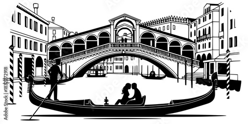 Romantic Venice Gondola Ride Vector Silhouette