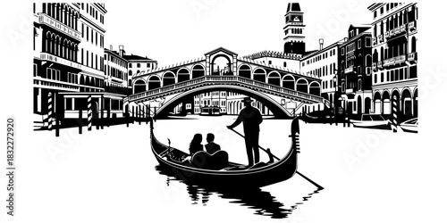 Romantic Venice Gondola Ride Vector Silhouette