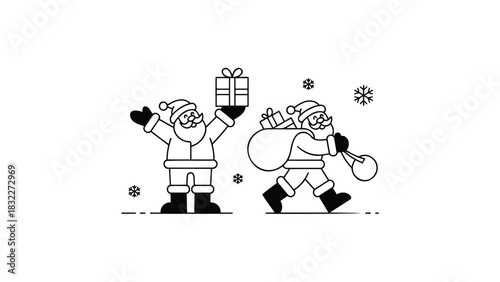 Two happy santa claus characters with gifts and a sack walking in a winter snow scene