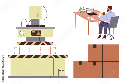 Worker monitors packaging machine performance from desk with laptop and coffee mug. Stack of boxes and machine included. Ideal for automation, manufacturing, technology, remote work, efficiency