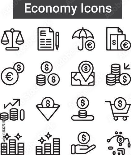 economic development icon set collection in outline style. an icon pack contain finance, growth, investment, income, wealth, industry, trade, employment, innovation, productivity
