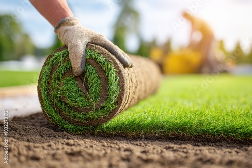 Fresh sod roll being installed on prepared soil, showcasing vibrant green grass and a worker in the background, enhancing the landscape with natural beauty and care