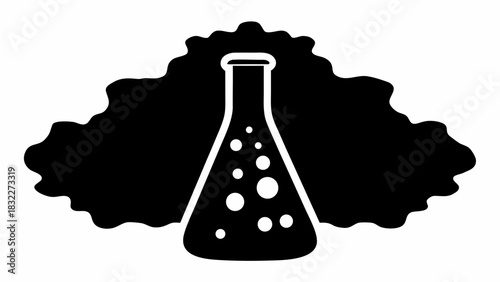 Black and white illustration of a flask with bubbles and a cloud like background design element
