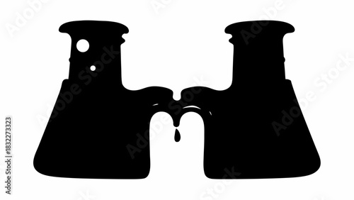 Silhouette of two flasks connected with dripping liquid in a stylized black and white design