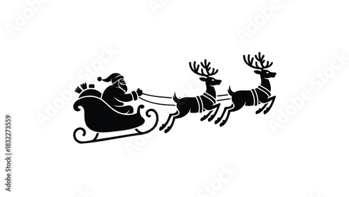 Silhouette of santa claus riding in his sleigh pulled by reindeer against a white background