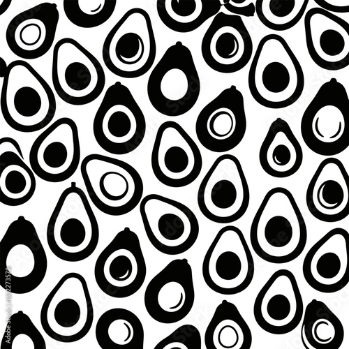 Black and white avocado pattern seamless vector design healthy food trendy modern background illustration