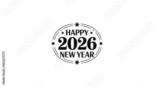 Happy new year 2026 circular emblem with stars and decorative elements in black and white