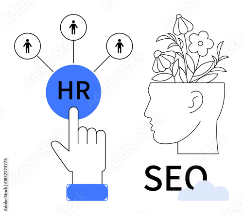Hand selecting HR icon connected to people, alongside blooming head symbolizing creativity and growth. Ideal for HR, recruitment, innovation, SEO, brainstorming, team building, and digital marketing