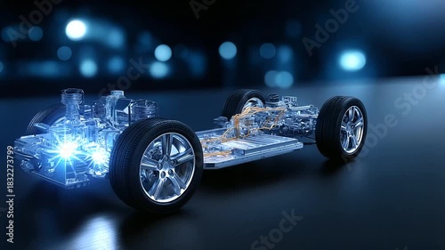 Chassis of electric hybrid car with powertrain car maintenance blue toned lighting vehicle undercarriage EV technology automotive engineering power system battery placement