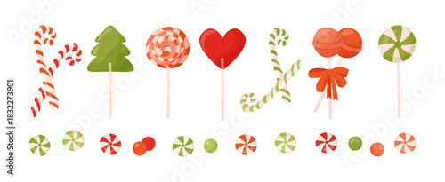 Candy vector elements set. Candy cane, lollipop and peppermint caramel clip art collection. Sweets with in the shape of a circle, Christmas tree, cane, heart.