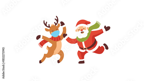 Santa claus and a reindeer wearing face masks dancing happily together during the holiday season