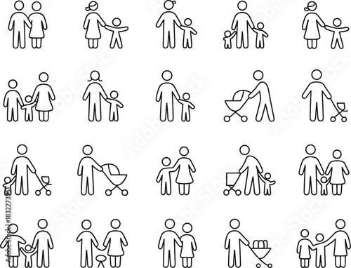 Family icons, parenting symbols, adult child figures, single parent, couple with children, stroller activity, shopping family, household structure, family diversity, everyday life, care