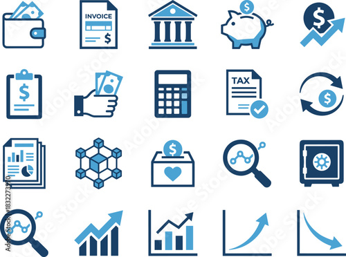 Finance icons, banking symbols, economic tools, money management, accounting graphics, tax document, currency exchange, investment chart, secure safe, donation box, blockchain network