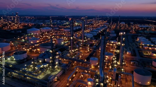 Wallpaper Mural Night industrial landscape with illuminated refinery, oil storage tank, pipeline infrastructure, glowing industrial complex in cityscape Torontodigital.ca