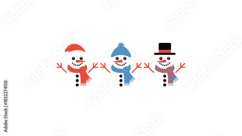 Three cheerful cartoon snowmen standing together wearing festive hats and scarves on a white background