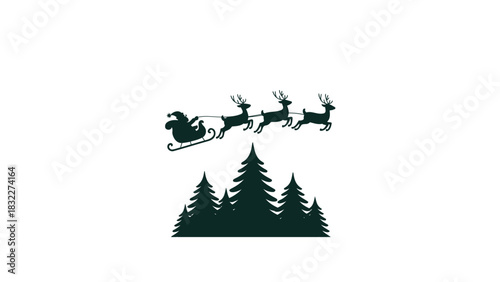 Silhouette of santa claus and his reindeer flying over a dark forest of pine trees at night