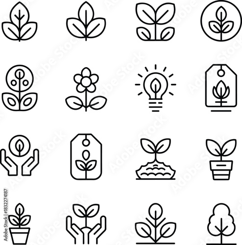 Plant icons, eco symbols, leaf graphics, seedling growth, potted plants, sustainability tools, nature care, green living, gardening elements, environmental design, line art style