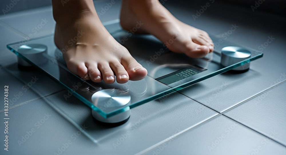 Fototapeta premium Bare Feet on a Scale Monitoring Weight and Health at Home for Balanced Lifestyle