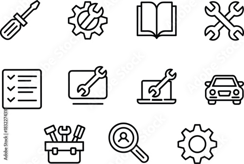 Tool icons, maintenance symbols, technical support graphics, wrench gear, checklist monitor, laptop repair, automotive service, software update, black white line art