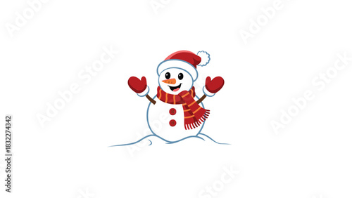 Joyful cartoon snowman wearing a red santa hat and scarf with mittens raised in celebration on a white background