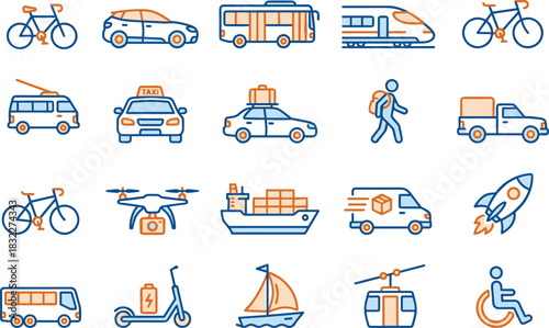 Transport and mobility icons set, travel, logistics, accessibility, urban planning, vehicles, walking, biking, drone, scooter, ship, rocket, cable car