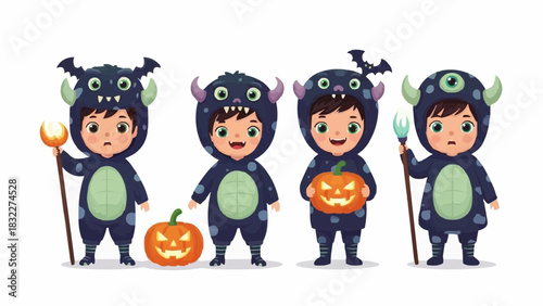 Four children in monster costumes holding pumpkins and props for halloween celebration event party
