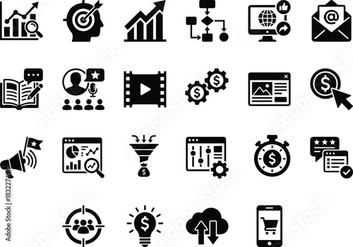 Business marketing icons, flat vector set, analytics, strategy, automation, finance, email, innovation, mobile commerce, cloud computing, PPC, video content